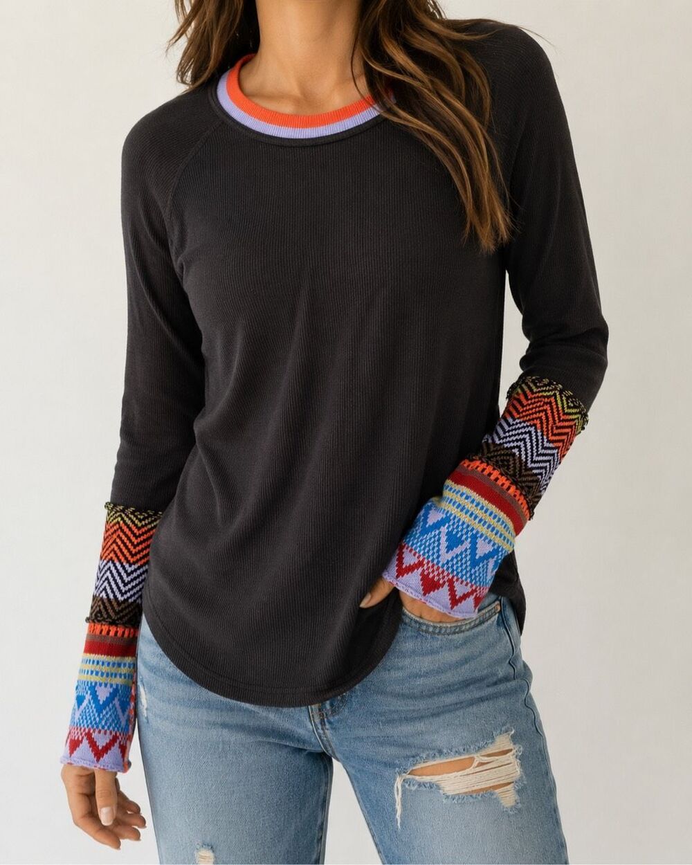We The Free Free People M Black Thermal Top Fair Isle Knit Sleeves Boho
